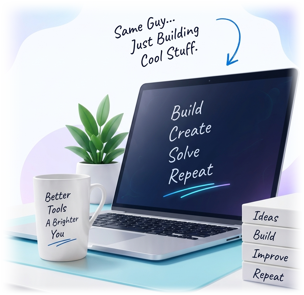 Apple MacBook on desk with screen displaying Build Create Solve Repeat., coffee mug reading Better Tools A Brighter You, succulent plant, and stacked books